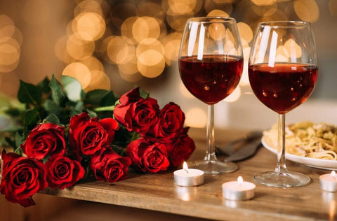 romantic food and wine with roses